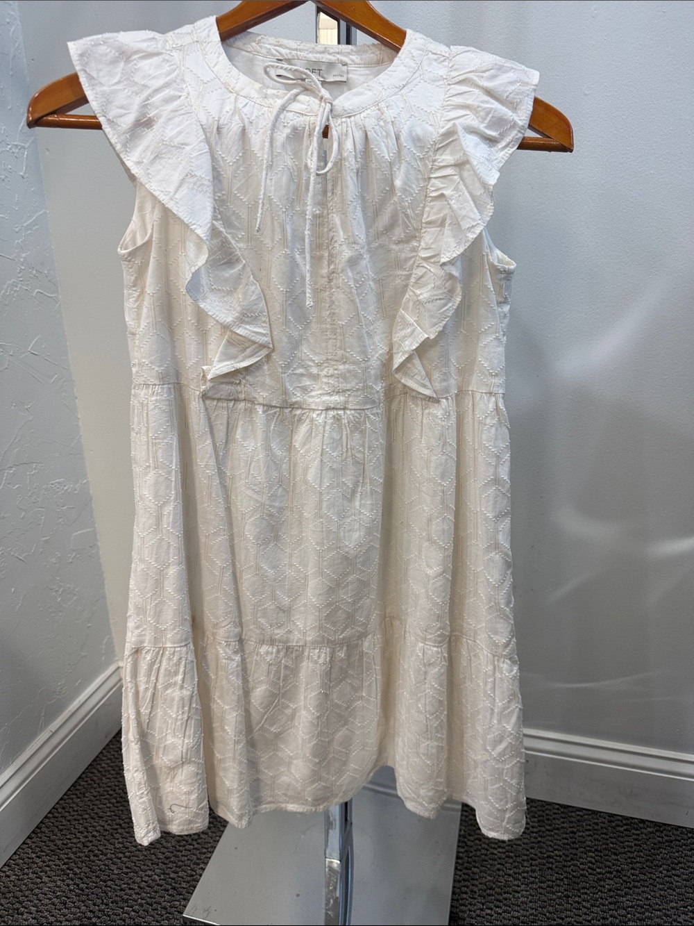 LOFT Cream Textured Ruffle Tie-Front Dress
